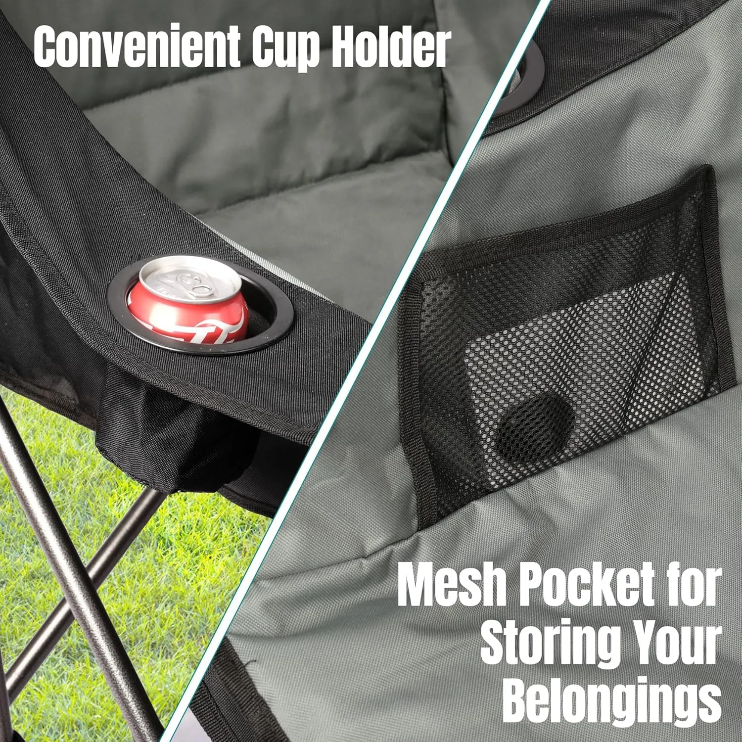 Oversized Camping Chair with Cooler Bag, XL Fully Padded Folding Portable Camping Chairs for Adults, Big Heavy Duty Outdoor Patio Lawn Chair with Arm Cup Holder Supports 450lbs