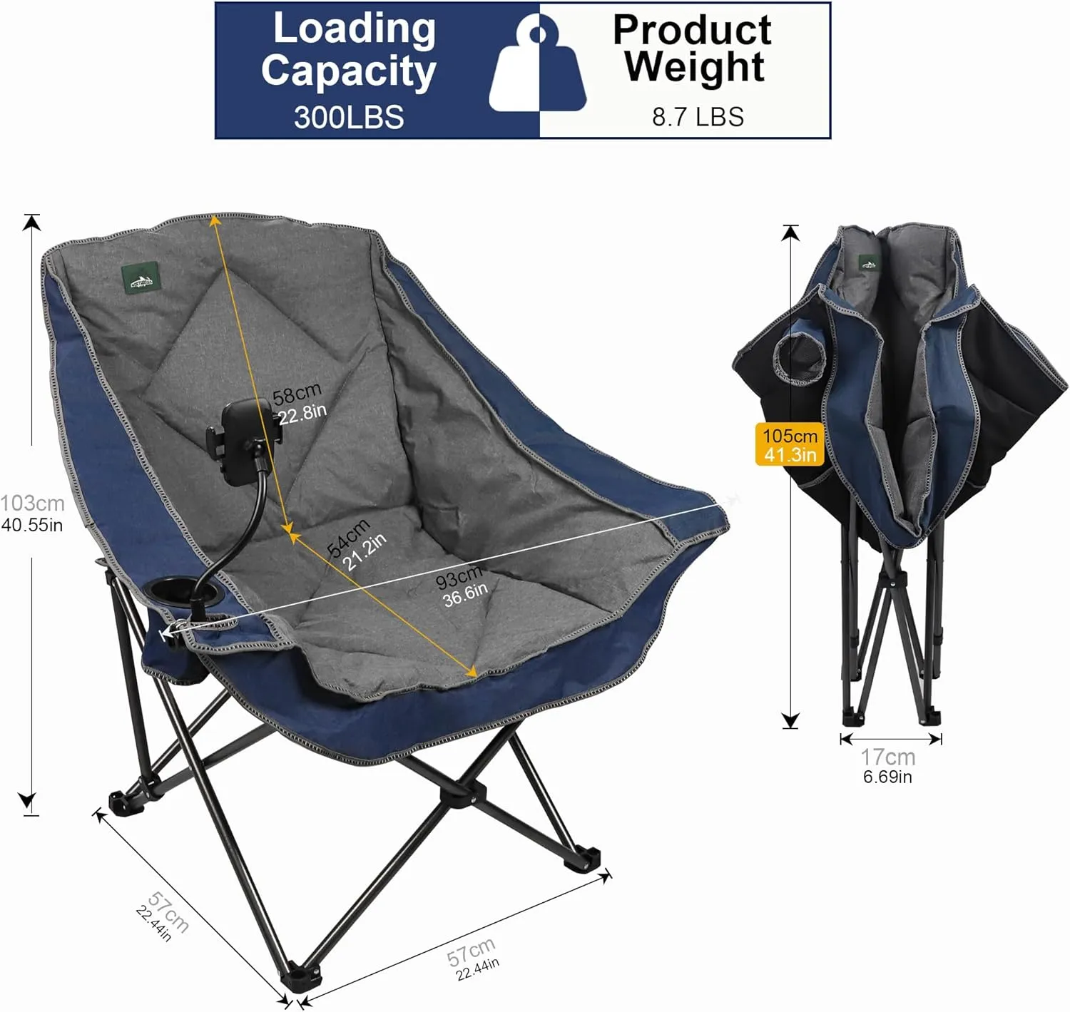 Oversized Foldable Camping Chair, Outdoor Padded Lawn Chair w/Cup Holder,Carry Bag for Beach, Hiking, and Picnics,Heavy-Duty 300-lbs Capacity, Purple
