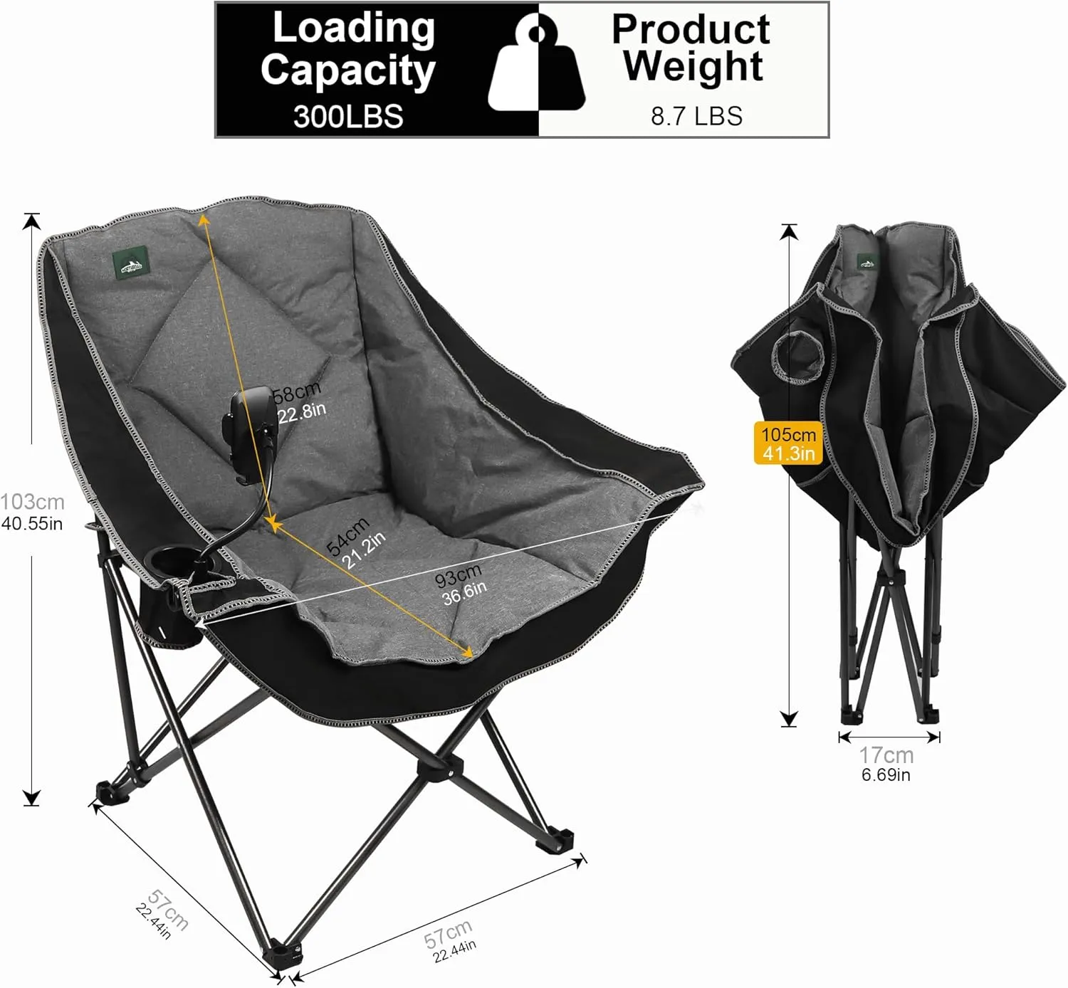 Oversized Foldable Camping Chair, Outdoor Padded Lawn Chair w/Cup Holder,Carry Bag for Beach, Hiking, and Picnics,Heavy-Duty 300-lbs Capacity, Purple
