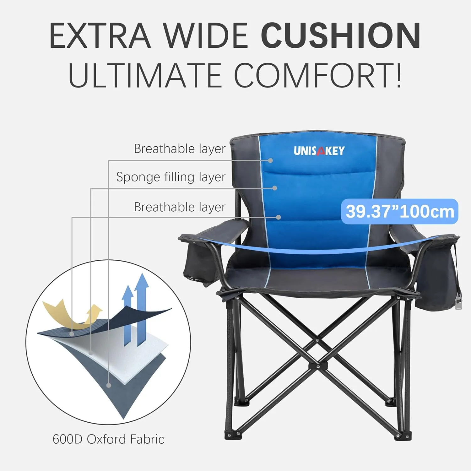 Oversized Folding Camping Chair with Cooler Bag & Cup Holder - 450lbs Capacity, 600D Oxford Fabric, Portable Rocking Chair for Fishing, Camping, Beach, Garden, Blue 2 Pack