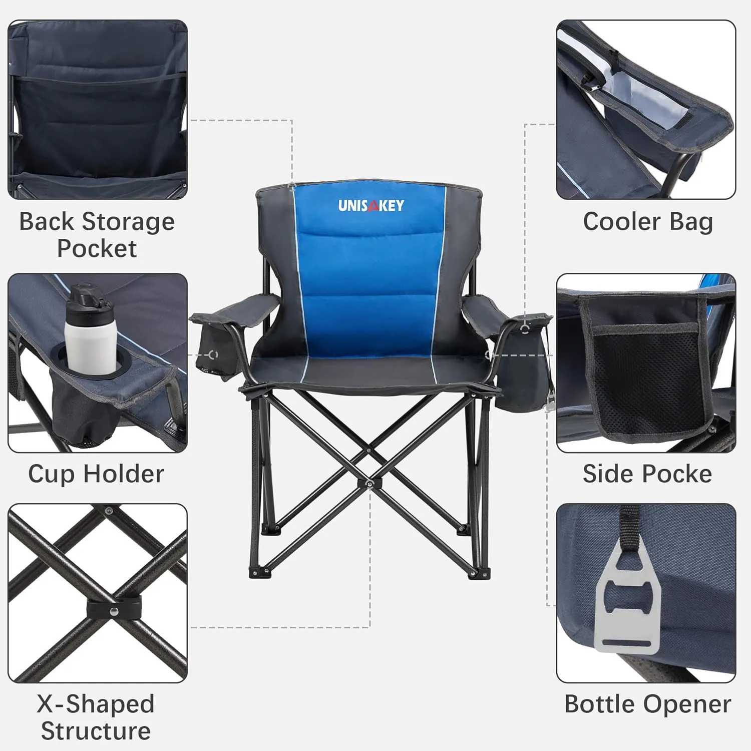 Oversized Folding Camping Chair with Cooler Bag & Cup Holder - 450lbs Capacity, 600D Oxford Fabric, Portable Rocking Chair for Fishing, Camping, Beach, Garden, Blue 2 Pack