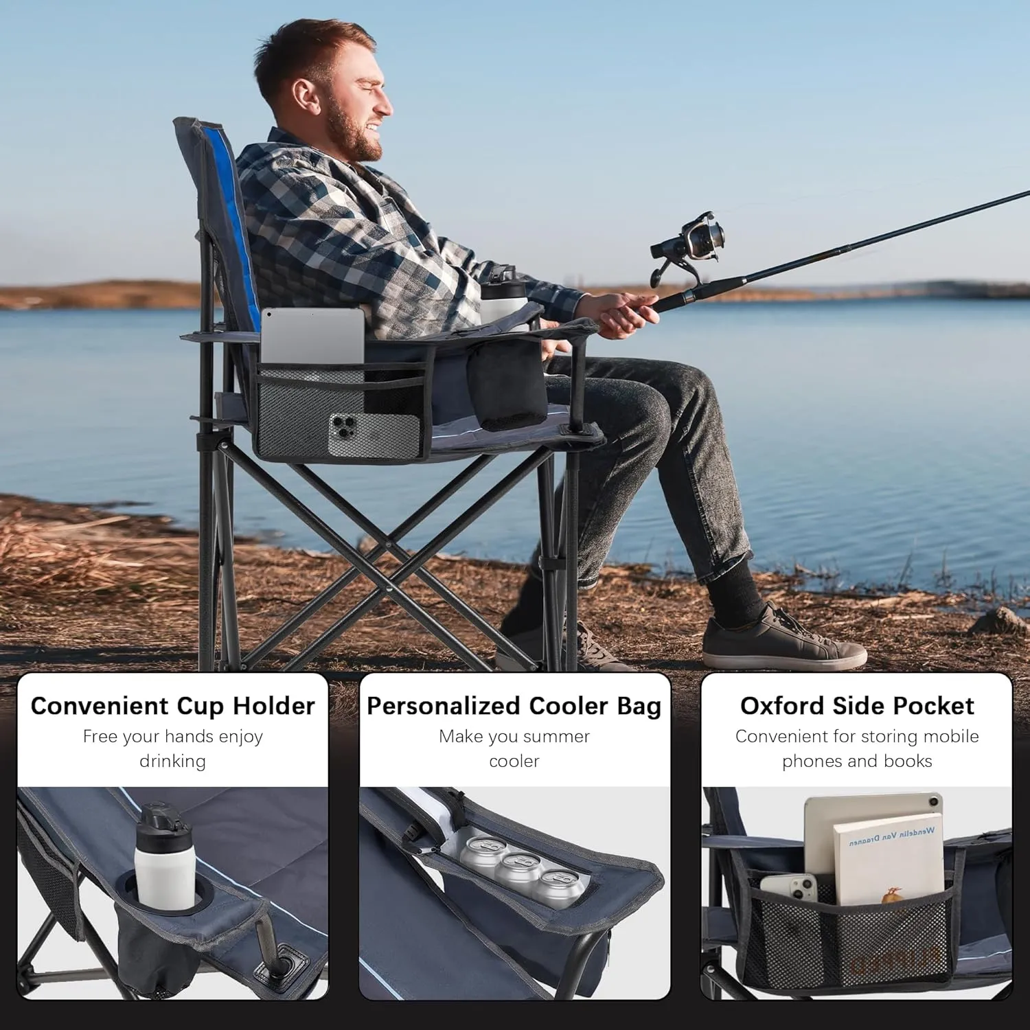 Oversized Folding Camping Chair with Cooler Bag & Cup Holder - 450lbs Capacity, 600D Oxford Fabric, Portable Rocking Chair for Fishing, Camping, Beach, Garden, Blue 2 Pack