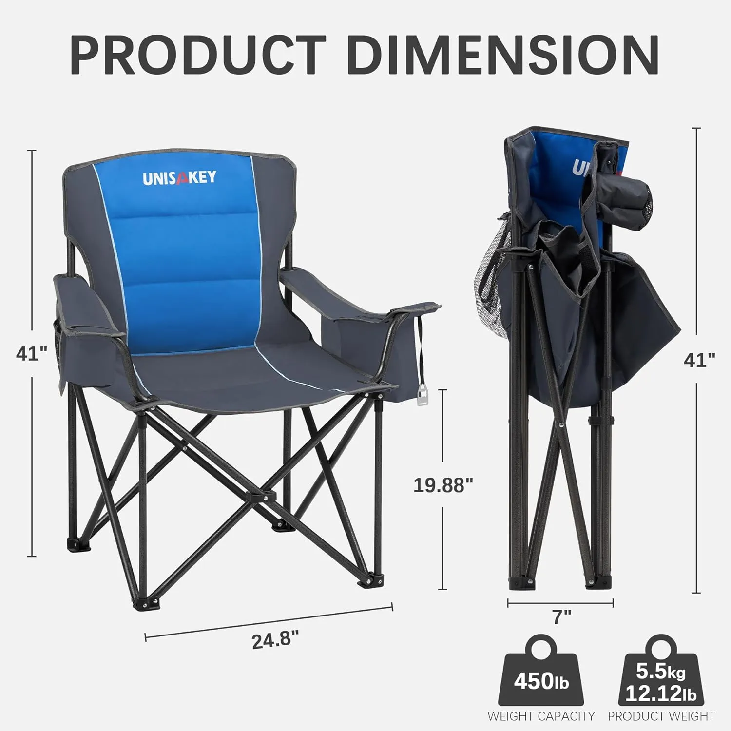 Oversized Folding Camping Chair with Cooler Bag & Cup Holder - 450lbs Capacity, 600D Oxford Fabric, Portable Rocking Chair for Fishing, Camping, Beach, Garden, Blue 2 Pack
