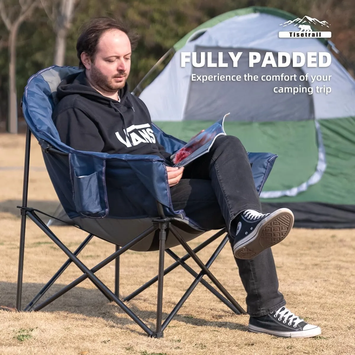 Oversized Moon Saucer Camping Chairs with Cup Holder & Carry Bag - Set of 2 500lbs Folding Sofa Chairs for Patio/Lawn (Blue & Gray)