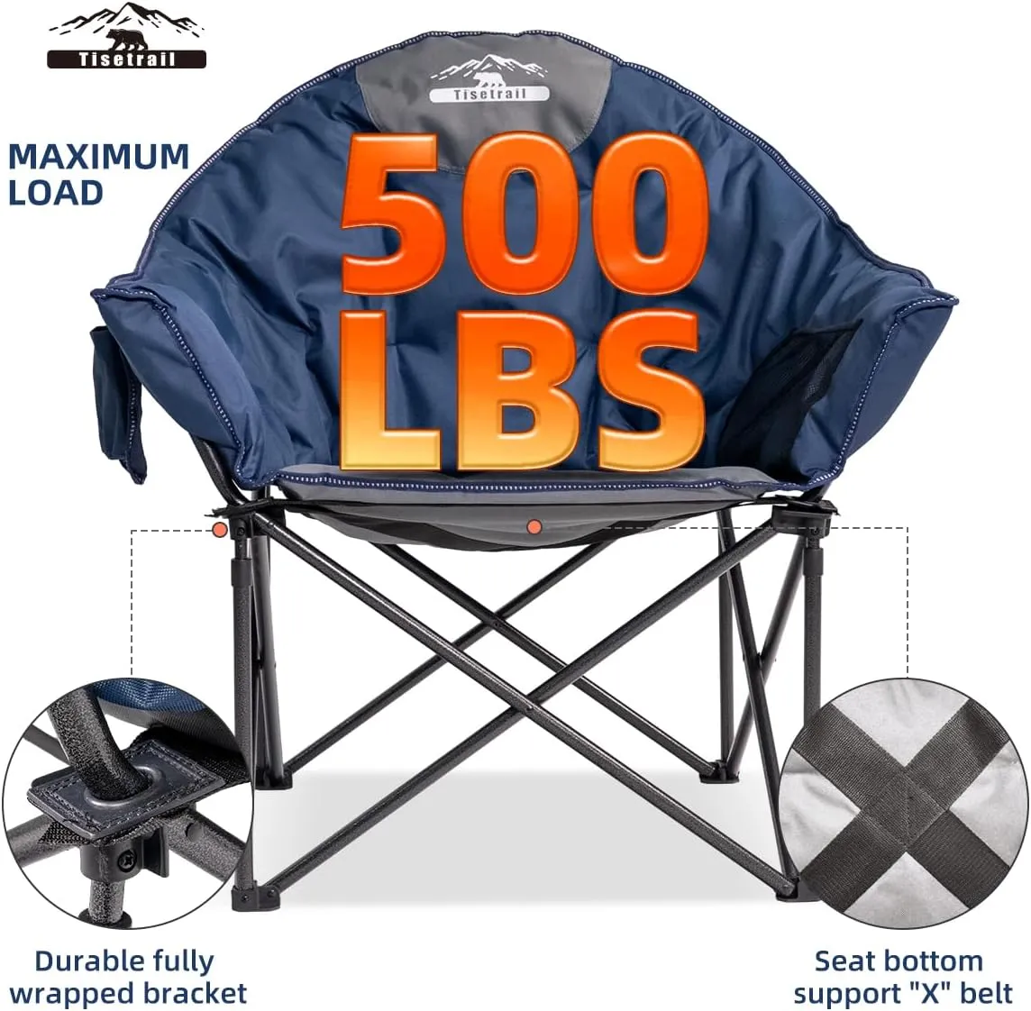 Oversized Moon Saucer Camping Chairs with Cup Holder & Carry Bag - Set of 2 500lbs Folding Sofa Chairs for Patio/Lawn (Blue & Gray)