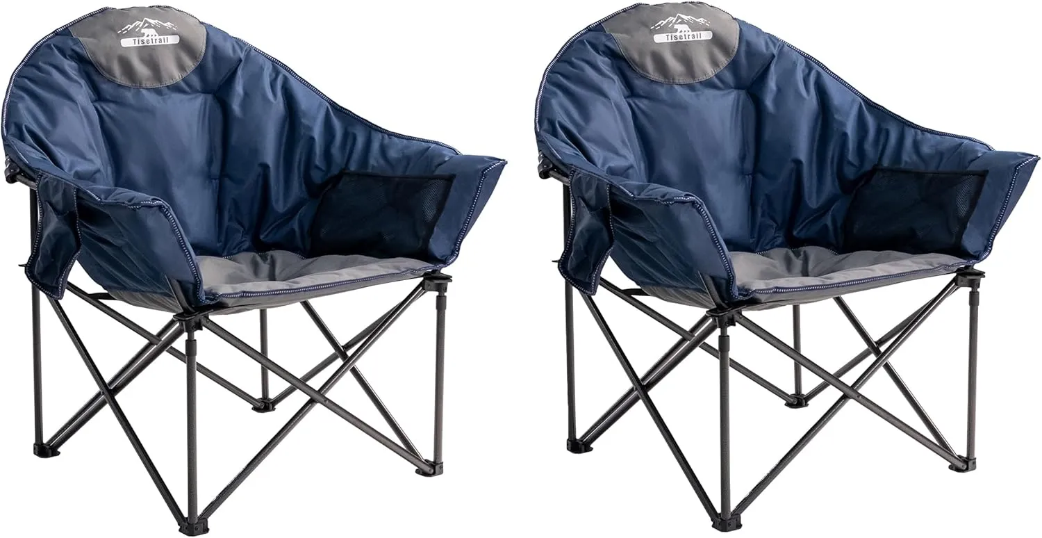 Oversized Moon Saucer Camping Chairs with Cup Holder & Carry Bag - Set of 2 500lbs Folding Sofa Chairs for Patio/Lawn (Blue & Gray)