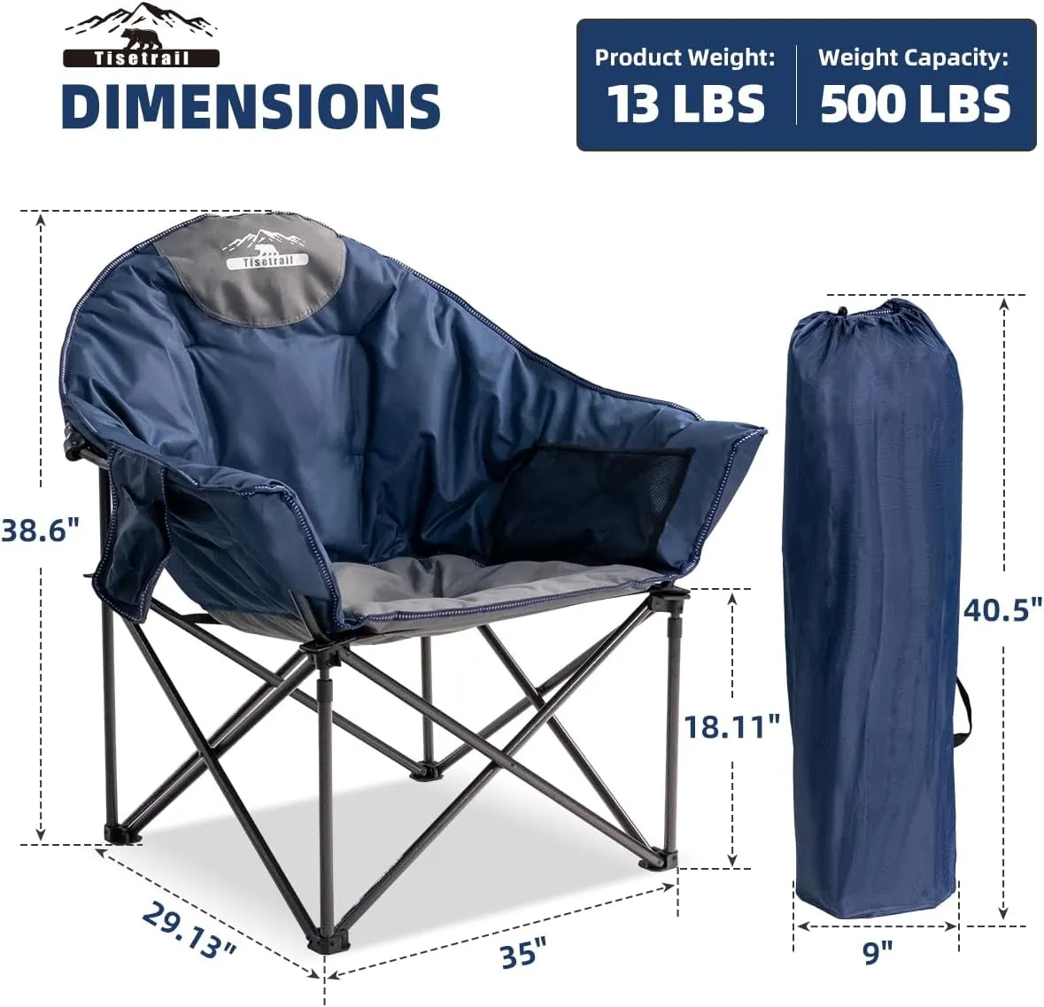 Oversized Moon Saucer Camping Chairs with Cup Holder & Carry Bag - Set of 2 500lbs Folding Sofa Chairs for Patio/Lawn (Blue & Gray)