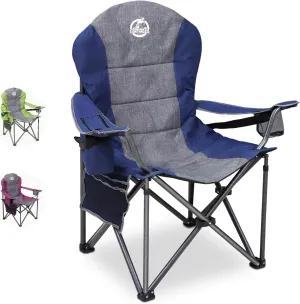 Oversized Portable Camping Chair, Full Padded Outdoor Folding Chair Support 350 LBS, Heavy Duty Lawn Chair with Cup Holder, Cooler Bag, Lumbar Support, Head Pocket for Adult-Blue
