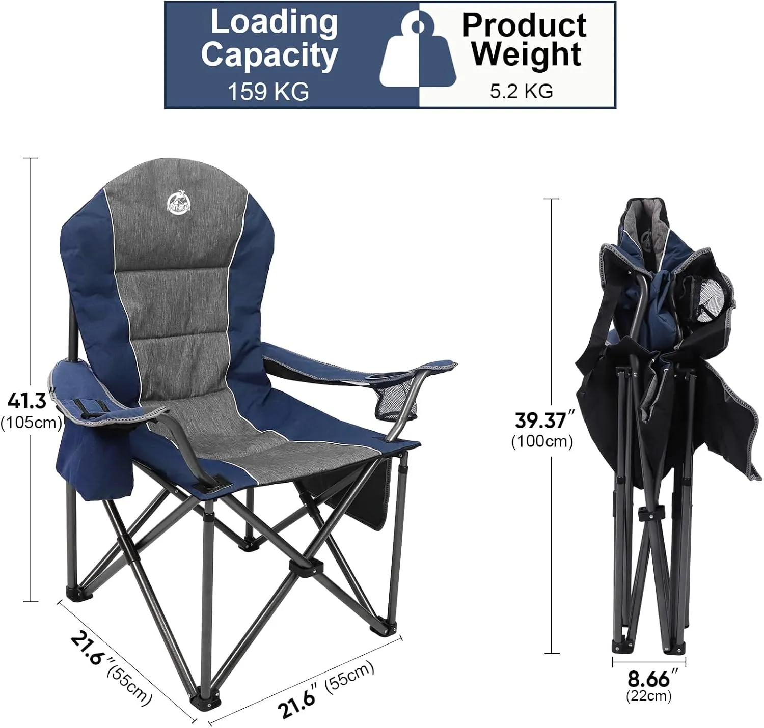 Oversized Portable Camping Chair, Full Padded Outdoor Folding Chair Support 350 LBS, Heavy Duty Lawn Chair with Cup Holder, Cooler Bag, Lumbar Support, Head Pocket for Adult-Blue