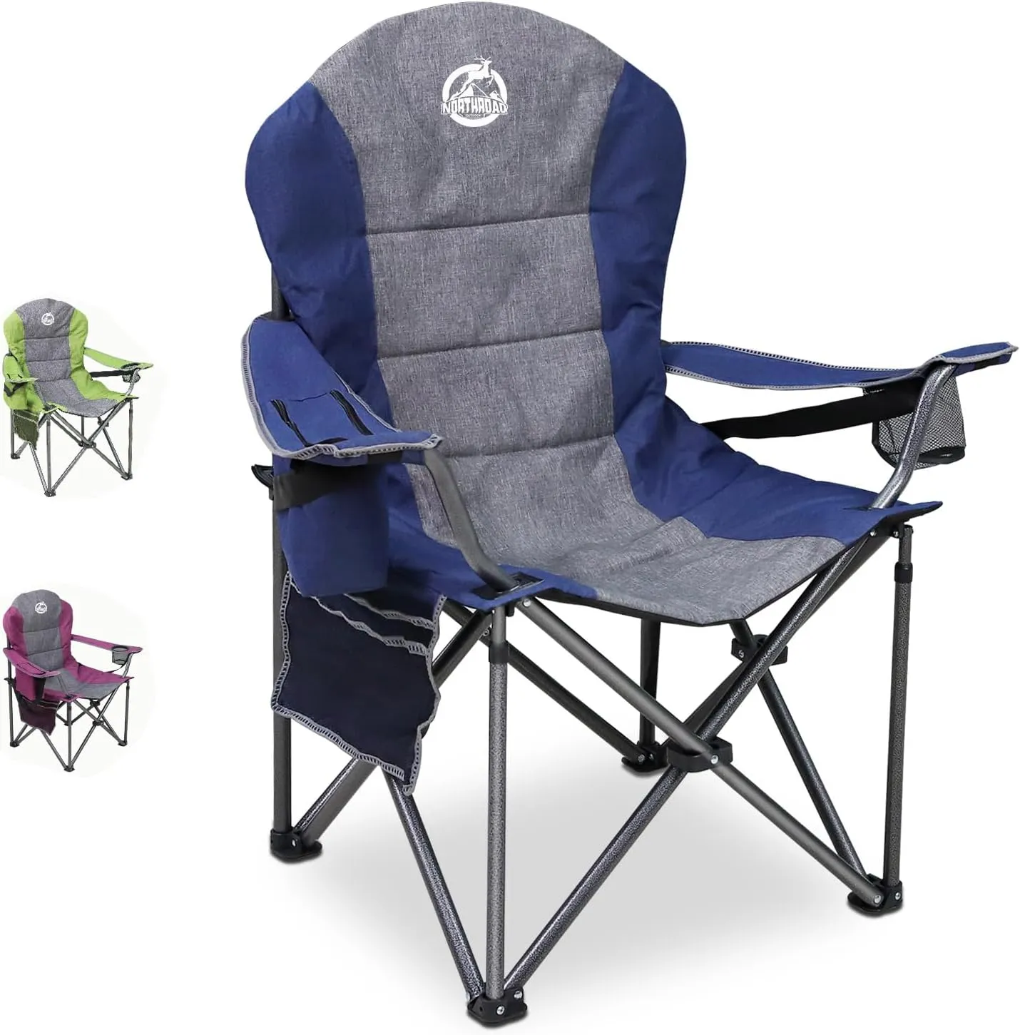 Oversized Portable Camping Chair, Full Padded Outdoor Folding Chair Support 350 LBS, Heavy Duty Lawn Chair with Cup Holder, Cooler Bag, Lumbar Support, Head Pocket for Adult-Blue