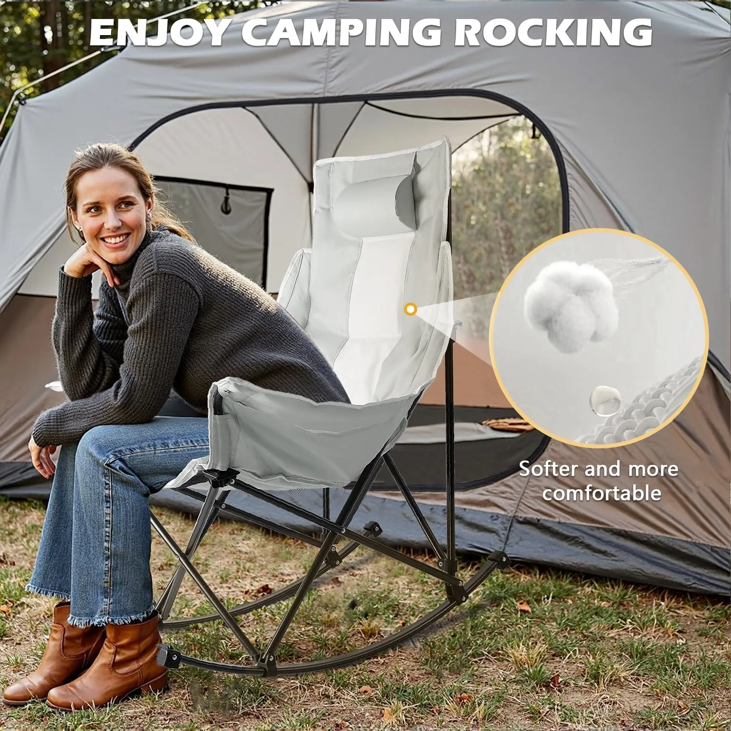 Oversized Rocking Camping Chair, Folding Outdoor Rocking Chair with Side Cup Holders, Full Padded High Back Portable Lawn Recliner with Headrest and Carry Bag, 300 lbs Capacity, Grey
