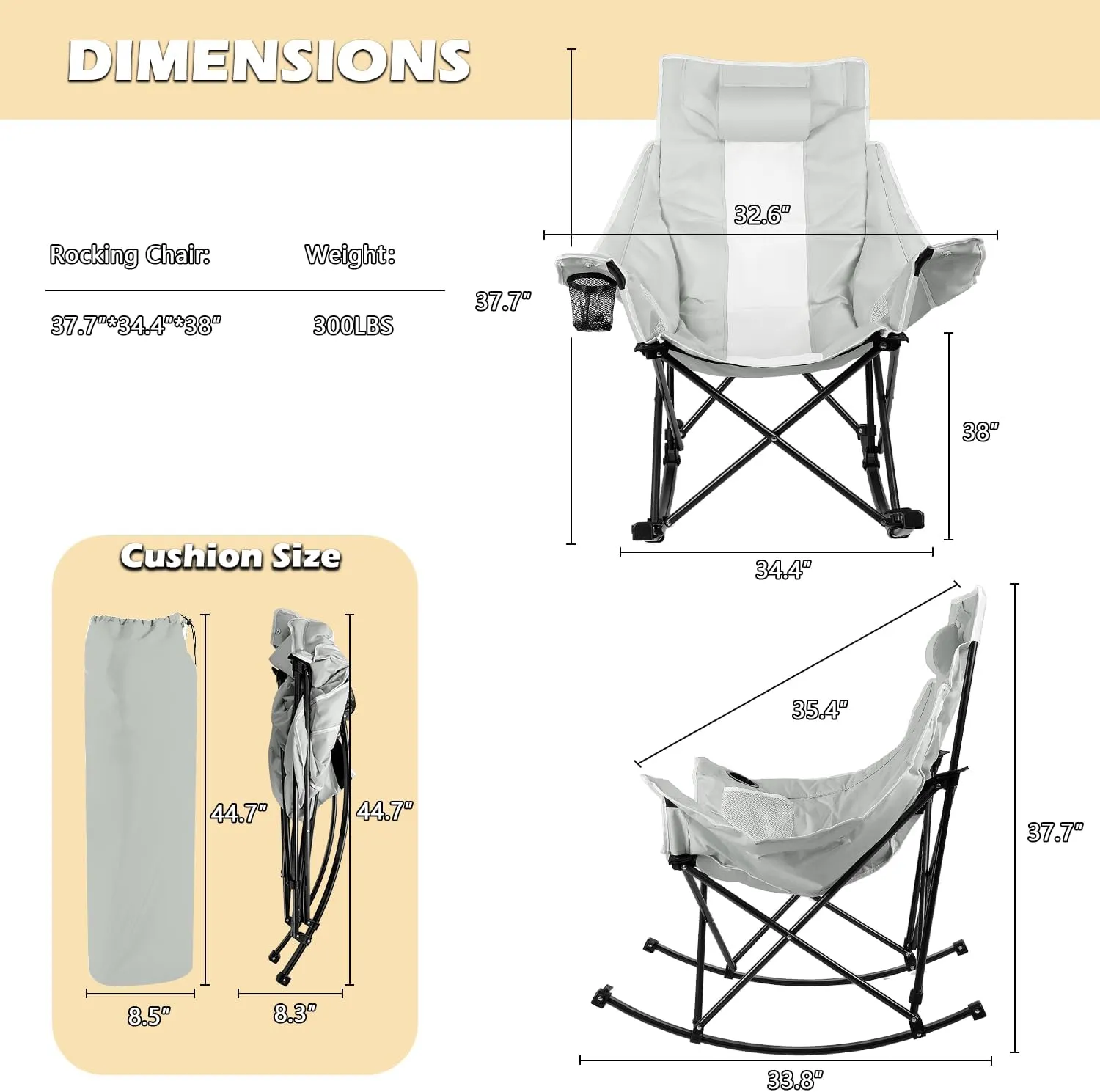Oversized Rocking Camping Chair, Folding Outdoor Rocking Chair with Side Cup Holders, Full Padded High Back Portable Lawn Recliner with Headrest and Carry Bag, 300 lbs Capacity, Grey