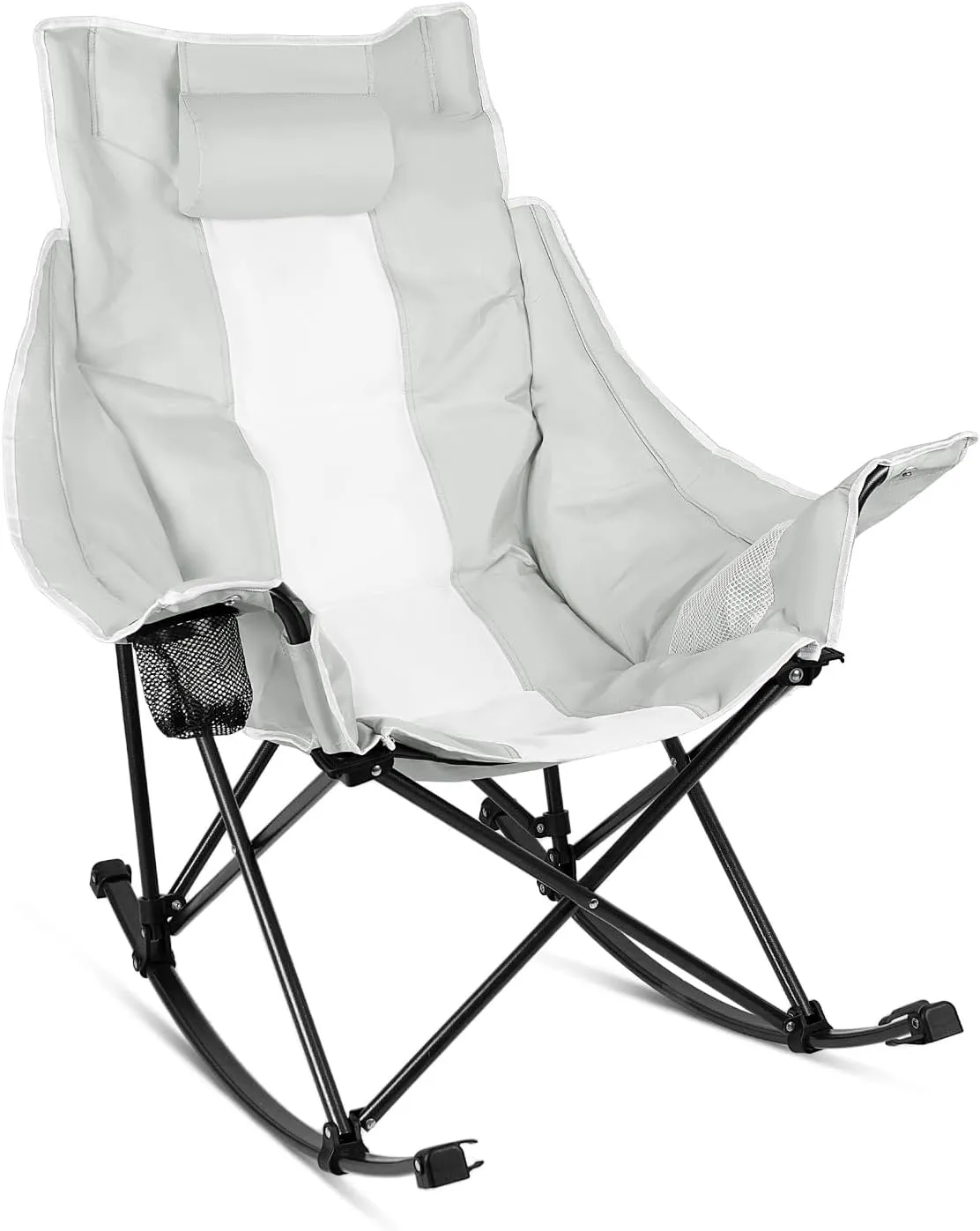 Oversized Rocking Camping Chair, Folding Outdoor Rocking Chair with Side Cup Holders, Full Padded High Back Portable Lawn Recliner with Headrest and Carry Bag, 300 lbs Capacity, Grey
