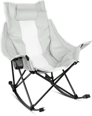 Oversized Rocking Camping Chair, Folding Outdoor Rocking Chair with Side Cup Holders, Full Padded High Back Portable Lawn Recliner with Headrest and Carry Bag, 300 lbs Capacity, Grey