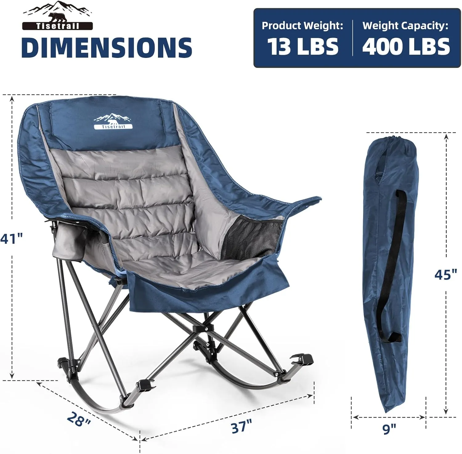 Oversized Rocking Camping Chair, Fully Padded Camp Chairs for Adults with Side Pocket and Cup Holder, Heavy-Duty 400lbs Capacity, Blue & Gray