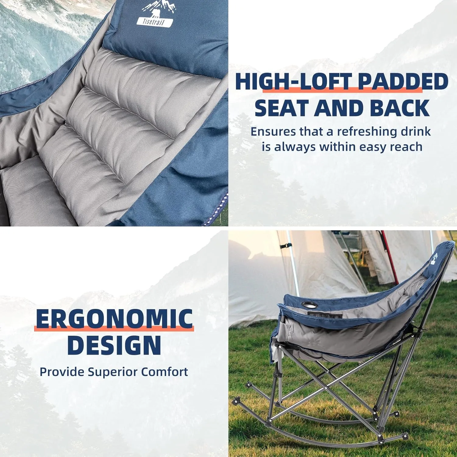 Oversized Rocking Camping Chair, Fully Padded Camp Chairs for Adults with Side Pocket and Cup Holder, Heavy-Duty 400lbs Capacity, Blue & Gray