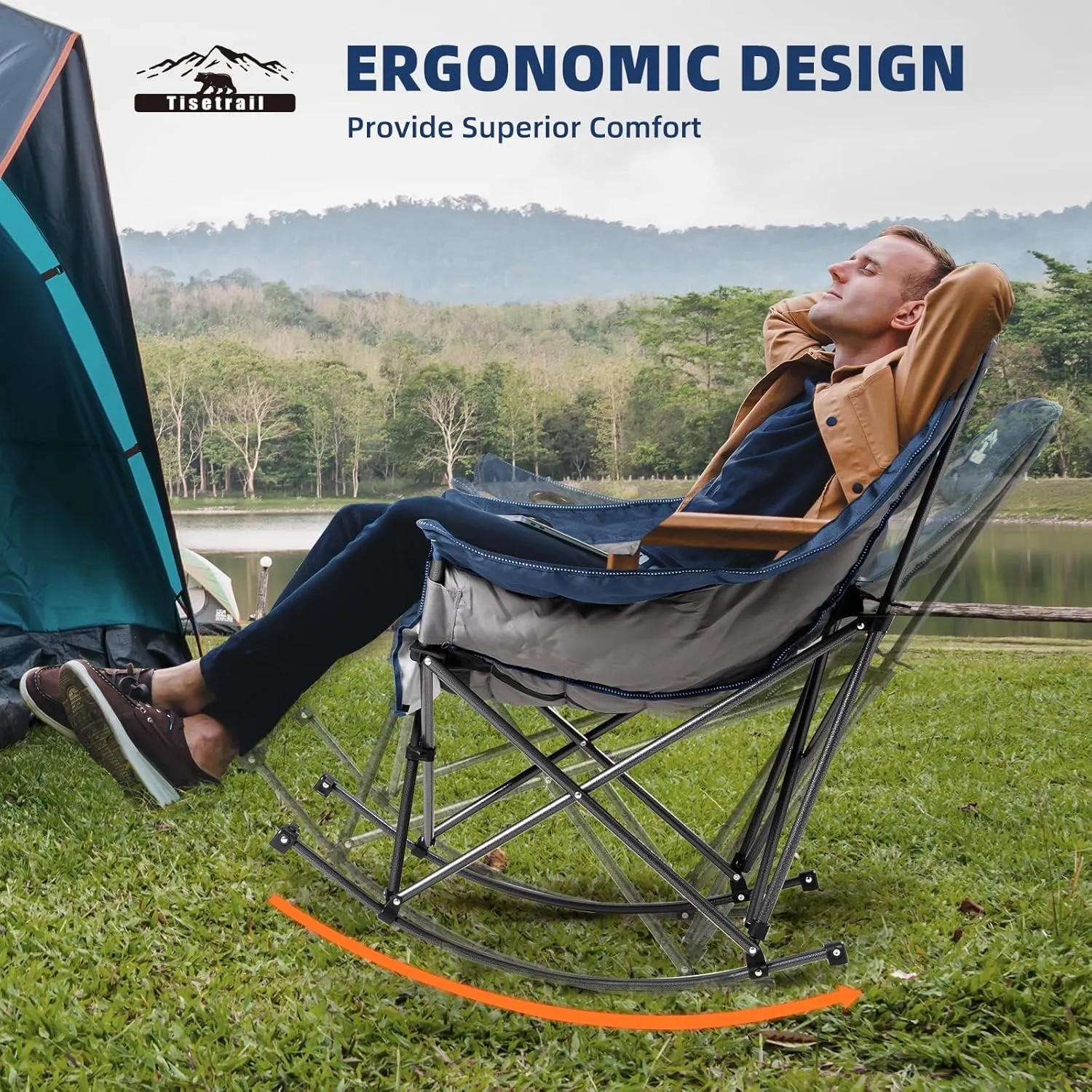 Oversized Rocking Camping Chair, Fully Padded Camp Chairs for Adults with Side Pocket and Cup Holder, Heavy-Duty 400lbs Capacity, Blue & Gray