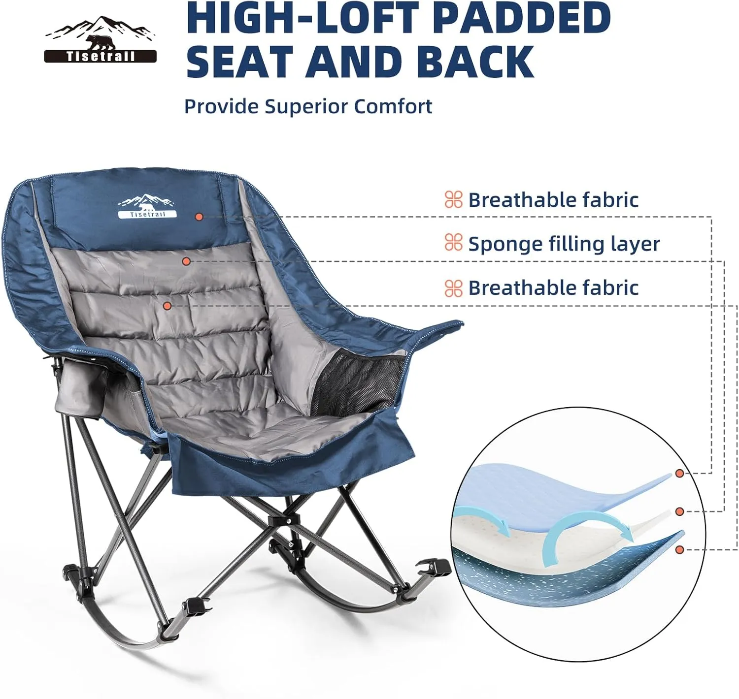 Oversized Rocking Camping Chair, Fully Padded Camp Chairs for Adults with Side Pocket and Cup Holder, Heavy-Duty 400lbs Capacity, Blue & Gray