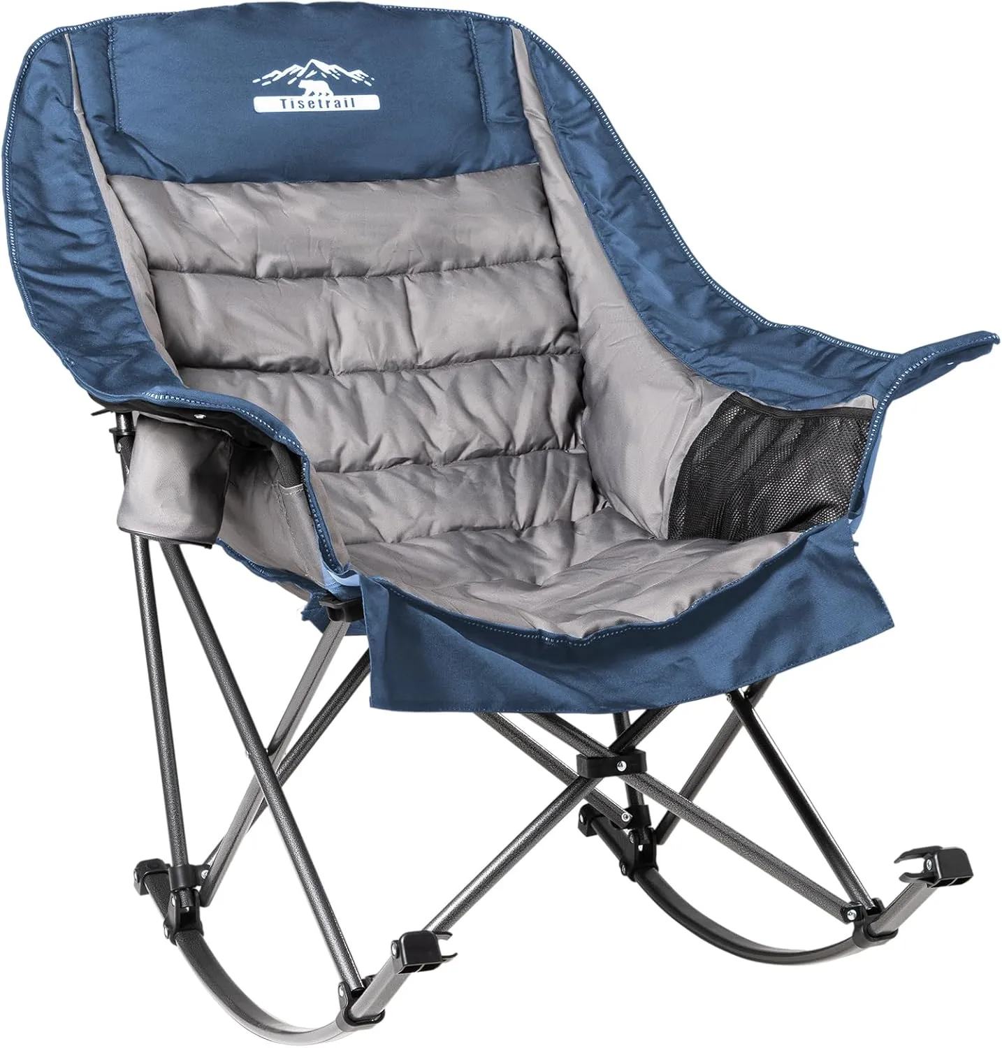 Oversized Rocking Camping Chair, Fully Padded Camp Chairs for Adults with Side Pocket and Cup Holder, Heavy-Duty 400lbs Capacity, Blue & Gray