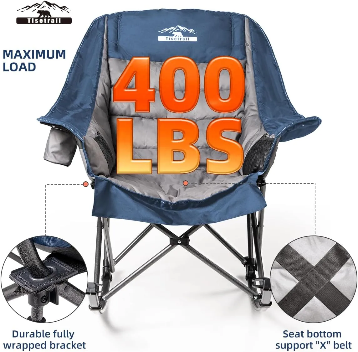 Oversized Rocking Camping Chair, Fully Padded Camp Chairs for Adults with Side Pocket and Cup Holder, Heavy-Duty 400lbs Capacity, Blue & Gray