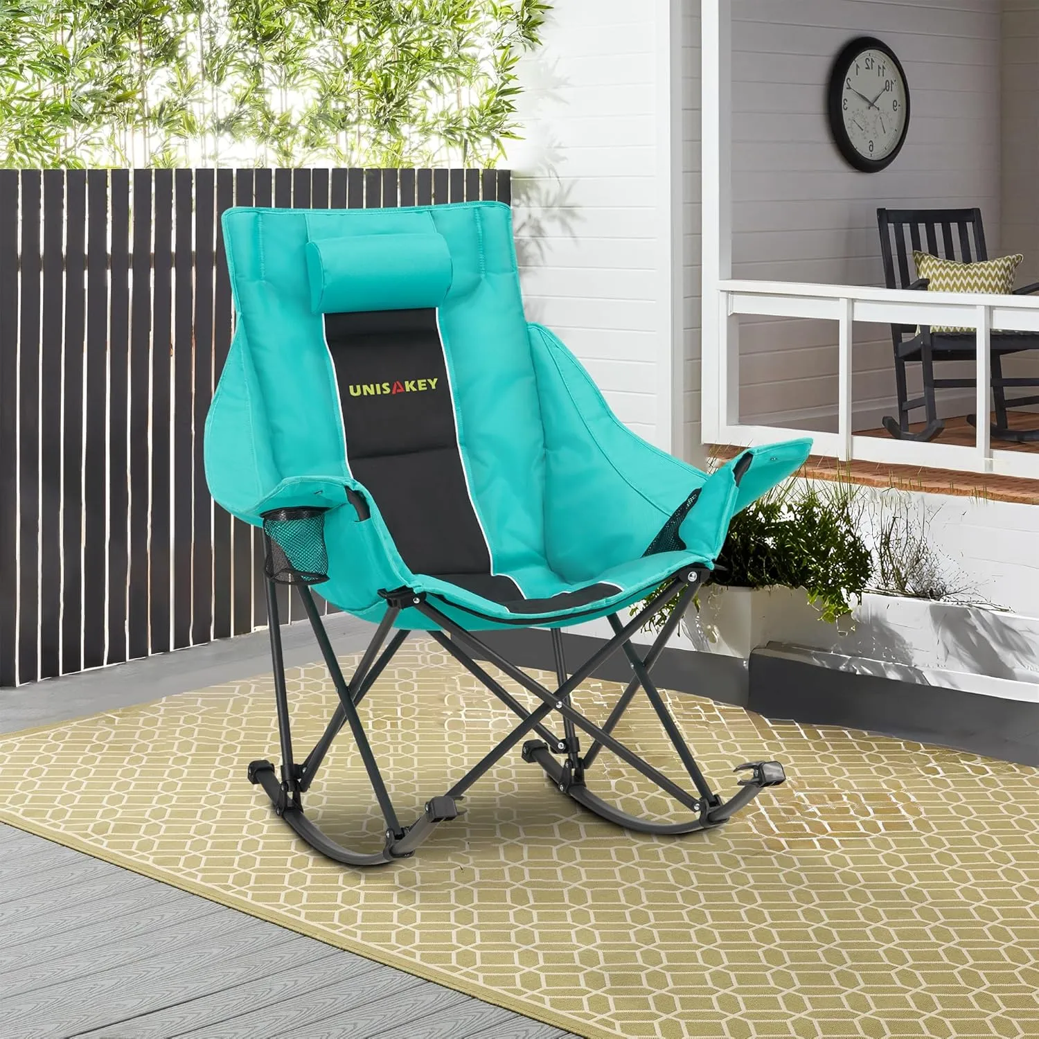 Oversized Rocking Camping Chair with Headrest & Cup Holder - 400lbs Capacity, 600D Oxford Fabric, Easy Fold Portable Outdoor Rocker Chair for Camping, Backyard, Beach, Black Green