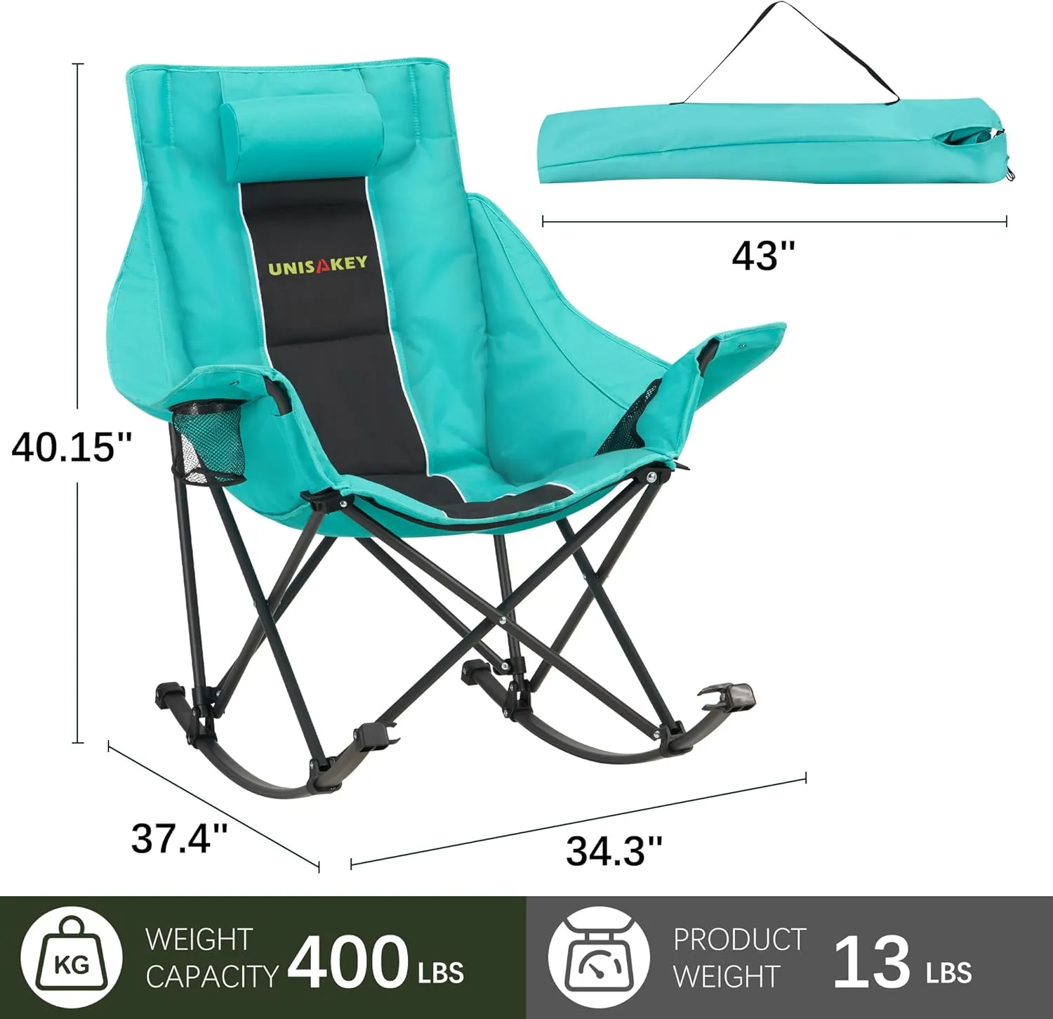 Oversized Rocking Camping Chair with Headrest & Cup Holder - 400lbs Capacity, 600D Oxford Fabric, Easy Fold Portable Outdoor Rocker Chair for Camping, Backyard, Beach, Black Green