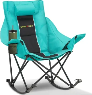 Oversized Rocking Camping Chair with Headrest & Cup Holder - 400lbs Capacity, 600D Oxford Fabric, Easy Fold Portable Outdoor Rocker Chair for Camping, Backyard, Beach, Black Green
