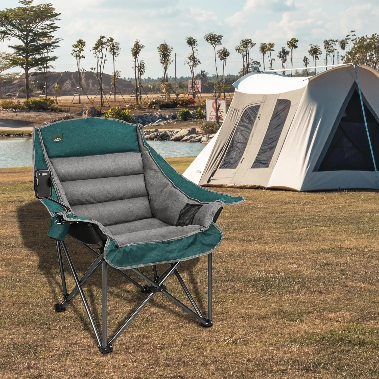 Oversized XL Padded Camping Chair w/Cell Phone Holder, Large Camp Lounge Chair, Foldable Lawn Chair w/Cup Holder,Carry Bag for Outdoor Hiking, Beach, Picnics, Heavy-Duty 400-lbs Capacity
