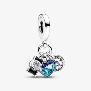 Pandora Silver Camera Heart & Compass Triple Drop Charm