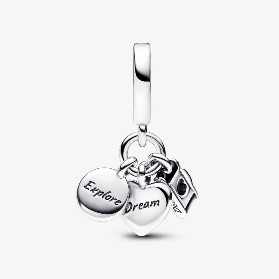 Pandora Silver Camera Heart & Compass Triple Drop Charm