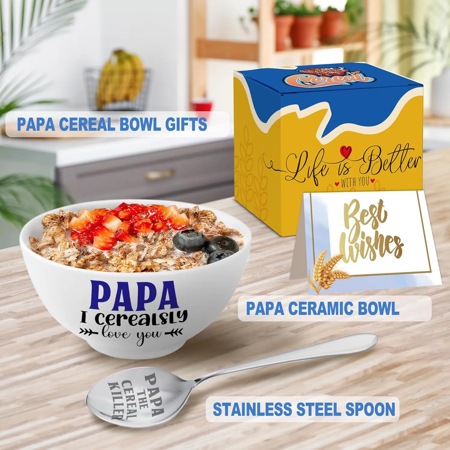 Papa Gifts, Christmas Papa Gift from Grandkids Cereal Bowl and Cereal Killer Spoon Set, Gift for Papa Fathers Day Birthday Gift for Him Man Cerealsly Love You