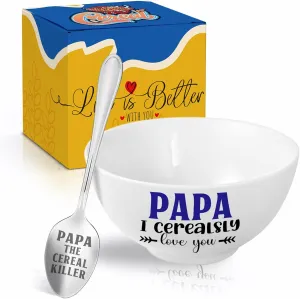 Papa Gifts, Christmas Papa Gift from Grandkids Cereal Bowl and Cereal Killer Spoon Set, Gift for Papa Fathers Day Birthday Gift for Him Man Cerealsly Love You