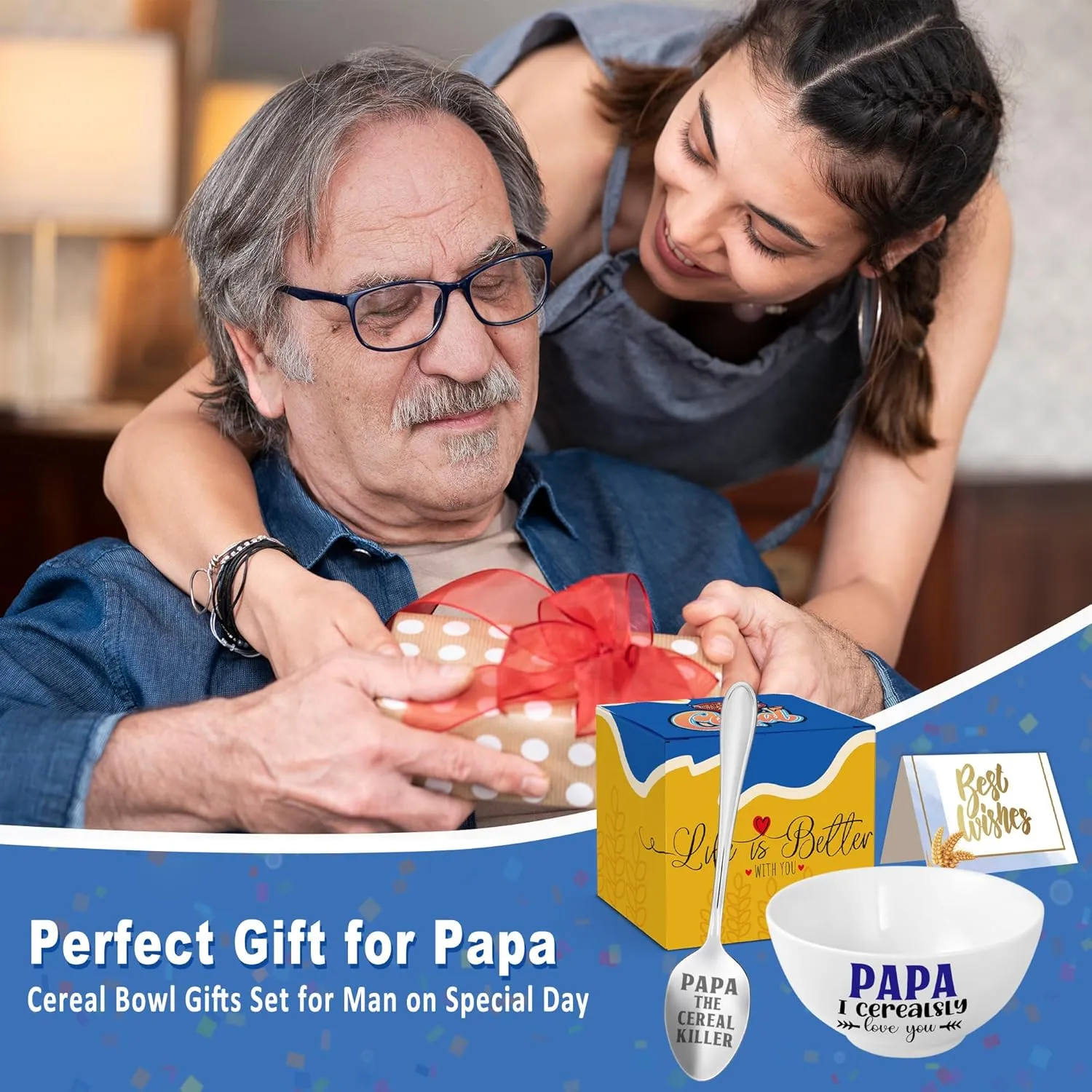 Papa Gifts, Christmas Papa Gift from Grandkids Cereal Bowl and Cereal Killer Spoon Set, Gift for Papa Fathers Day Birthday Gift for Him Man Cerealsly Love You