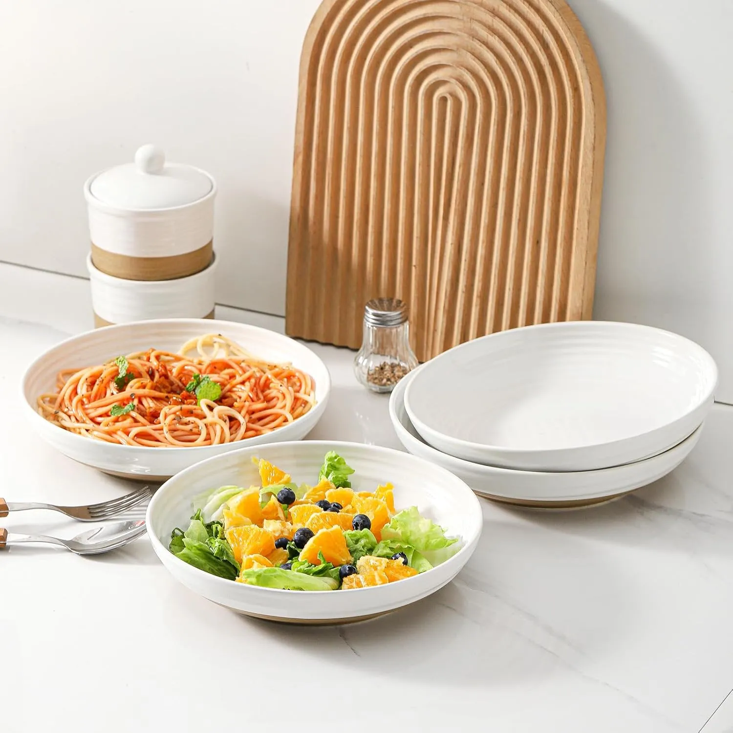 Pasta Bowls Set of 2, 8.7" Ceramic Salad Bowl, 32 OZ Wide and Shallow Bowls, Serving Bowls Plates for Kitchen Dinner, Microwave & Dishwasher Safe, White & Brown