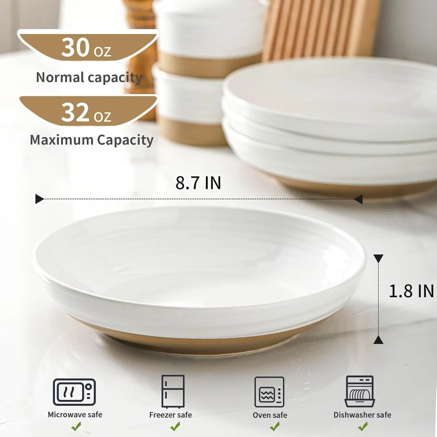 Pasta Bowls Set of 2, 8.7" Ceramic Salad Bowl, 32 OZ Wide and Shallow Bowls, Serving Bowls Plates for Kitchen Dinner, Microwave & Dishwasher Safe, White & Brown