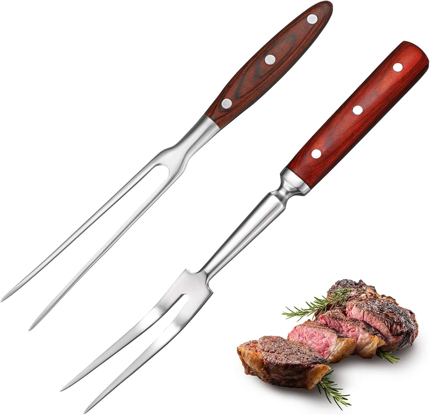Patelai 2 Pcs Carving Meat Forks 12 in and 14 in Stainless Steel Serving Grilling Beef Forks with Wooden Handle for Kitchen Large Cooking Forged Set for Home Family Party Roast BBQ Accessories tools