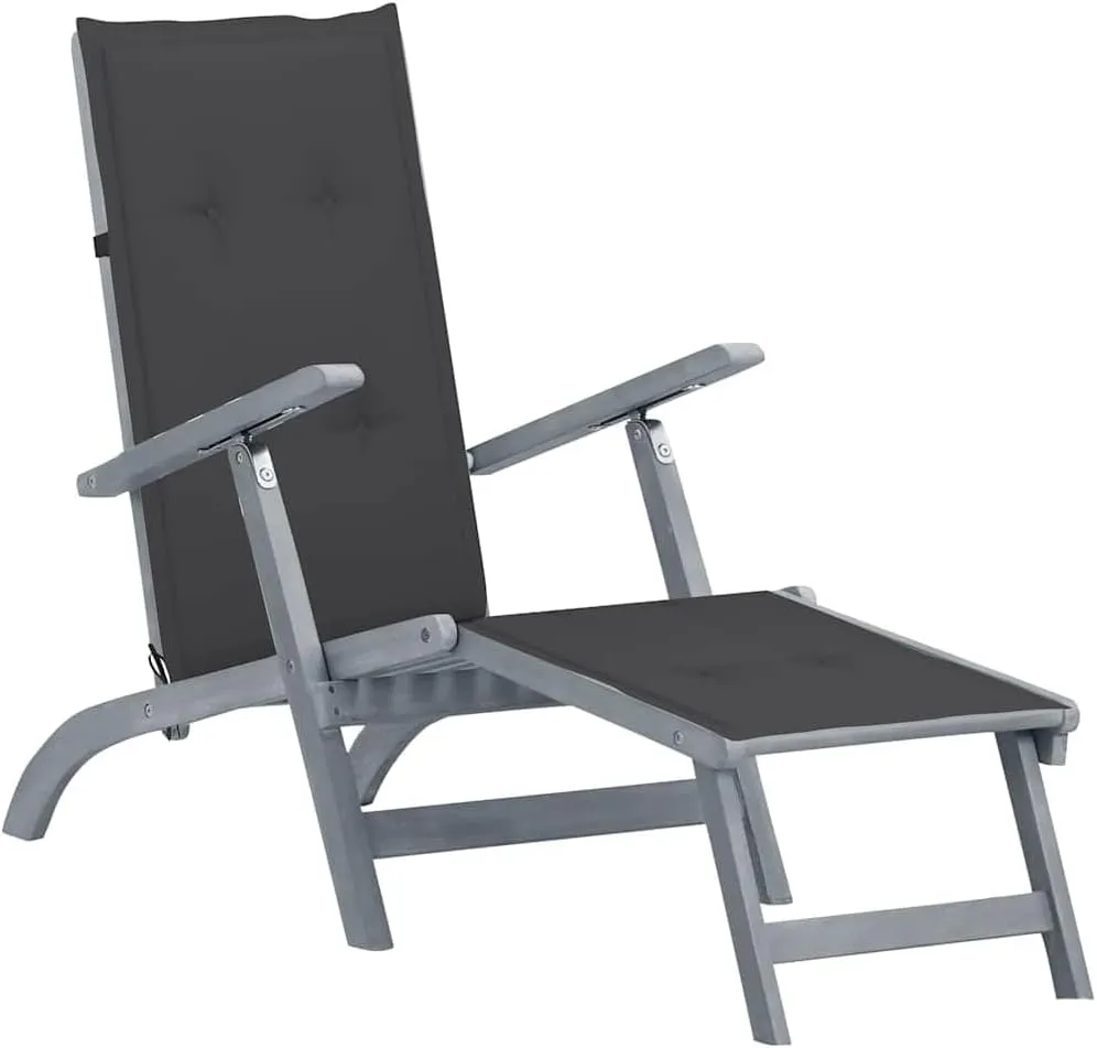 Patio Deck Chair with Footrest and Cushion Solid Acacia Woodpatio Recliner Tanning Chair Camping chairsSuitable for Garden Courtyard