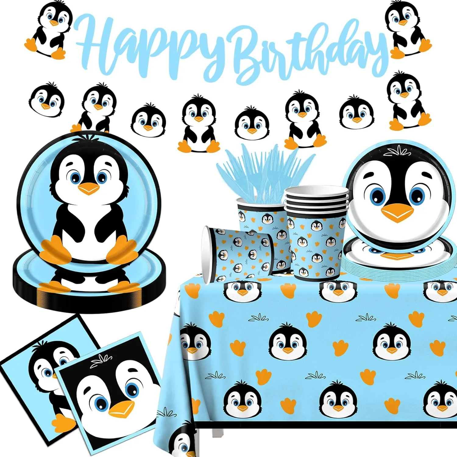 Penguin Birthday Decorations Tableware,142pcs Penguin Party Supplies Include Penguin Party Plates and Napkins Cups Tablecloth for Winter Penguin Party Decorations