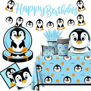 Penguin Birthday Decorations Tableware,142pcs Penguin Party Supplies Include Penguin Party Plates and Napkins Cups Tablecloth for Winter Penguin Party Decorations