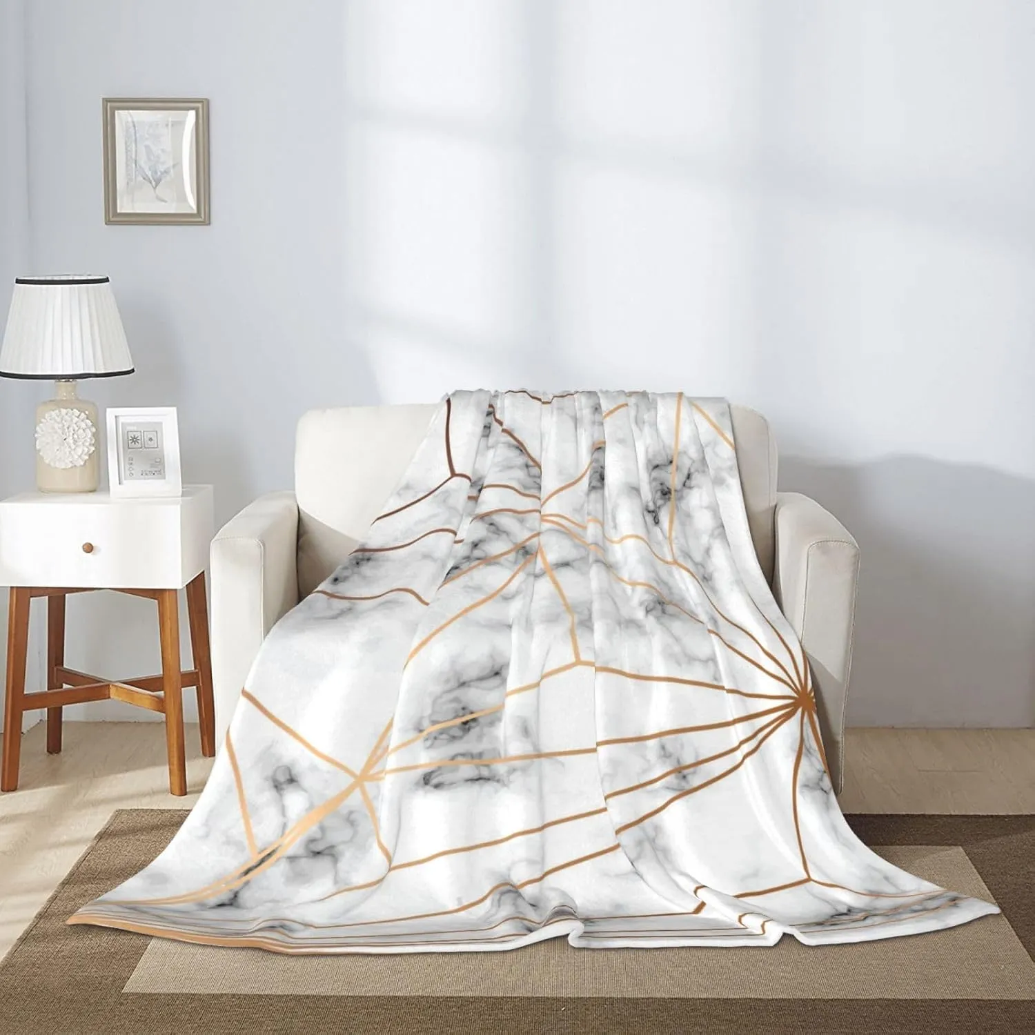 Perinsto Marble Texture Golden Geometric Lines Throw Blanket Ultra Soft Warm All Season Decorative Fleece Blankets for Bed Chair Car Sofa Couch Bedroom 50"X40"