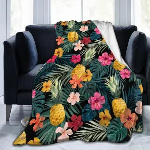 Perinsto Palm Leaves Hibiscus Flowers Hawaii Throw Blanket Ultra Soft Warm All Season Tropical Pineapples Fruit Decorative Fleece Blankets for Bed Chair Car Sofa Couch Bedroom 60"X50"