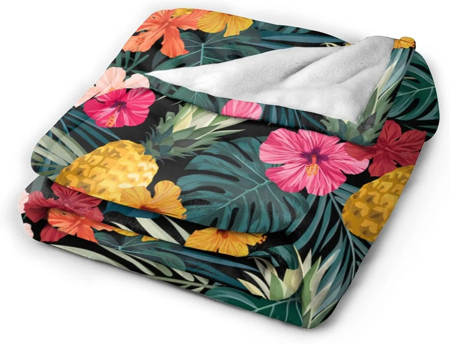 Perinsto Palm Leaves Hibiscus Flowers Hawaii Throw Blanket Ultra Soft Warm All Season Tropical Pineapples Fruit Decorative Fleece Blankets for Bed Chair Car Sofa Couch Bedroom 60"X50"
