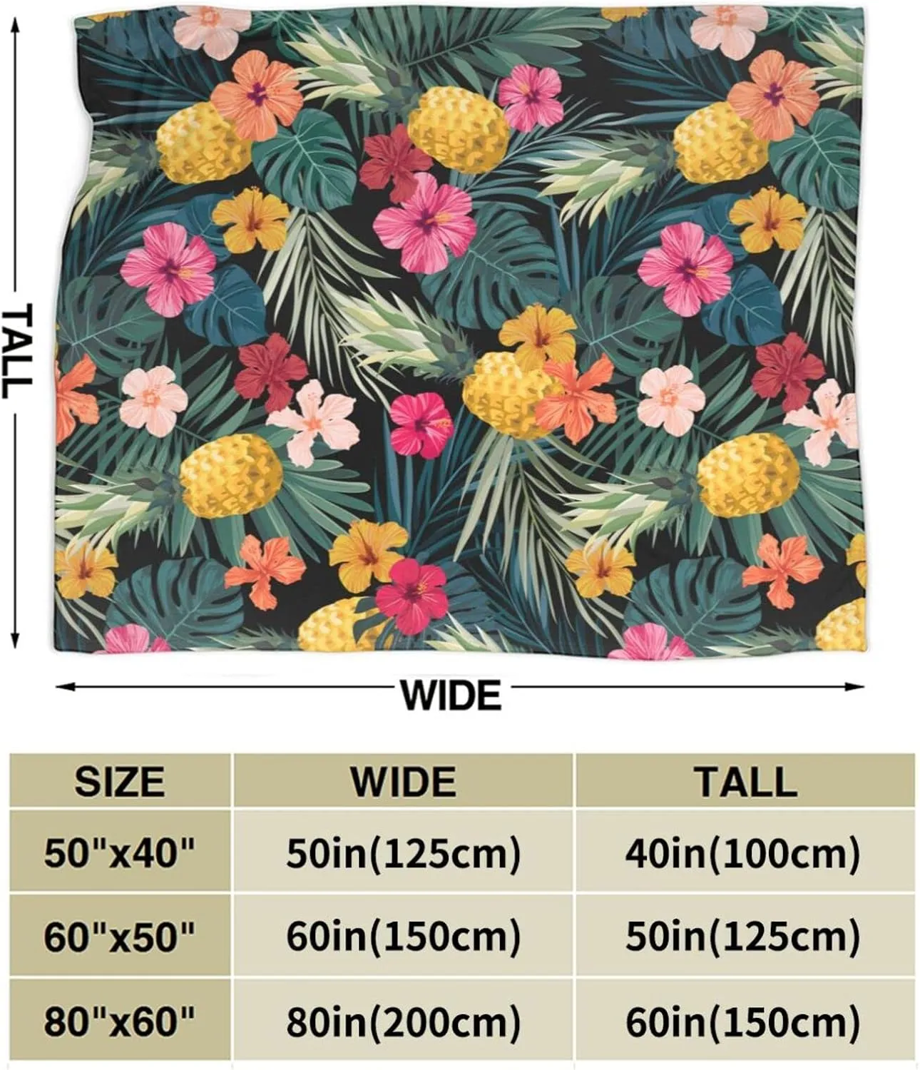 Perinsto Palm Leaves Hibiscus Flowers Hawaii Throw Blanket Ultra Soft Warm All Season Tropical Pineapples Fruit Decorative Fleece Blankets for Bed Chair Car Sofa Couch Bedroom 60"X50"