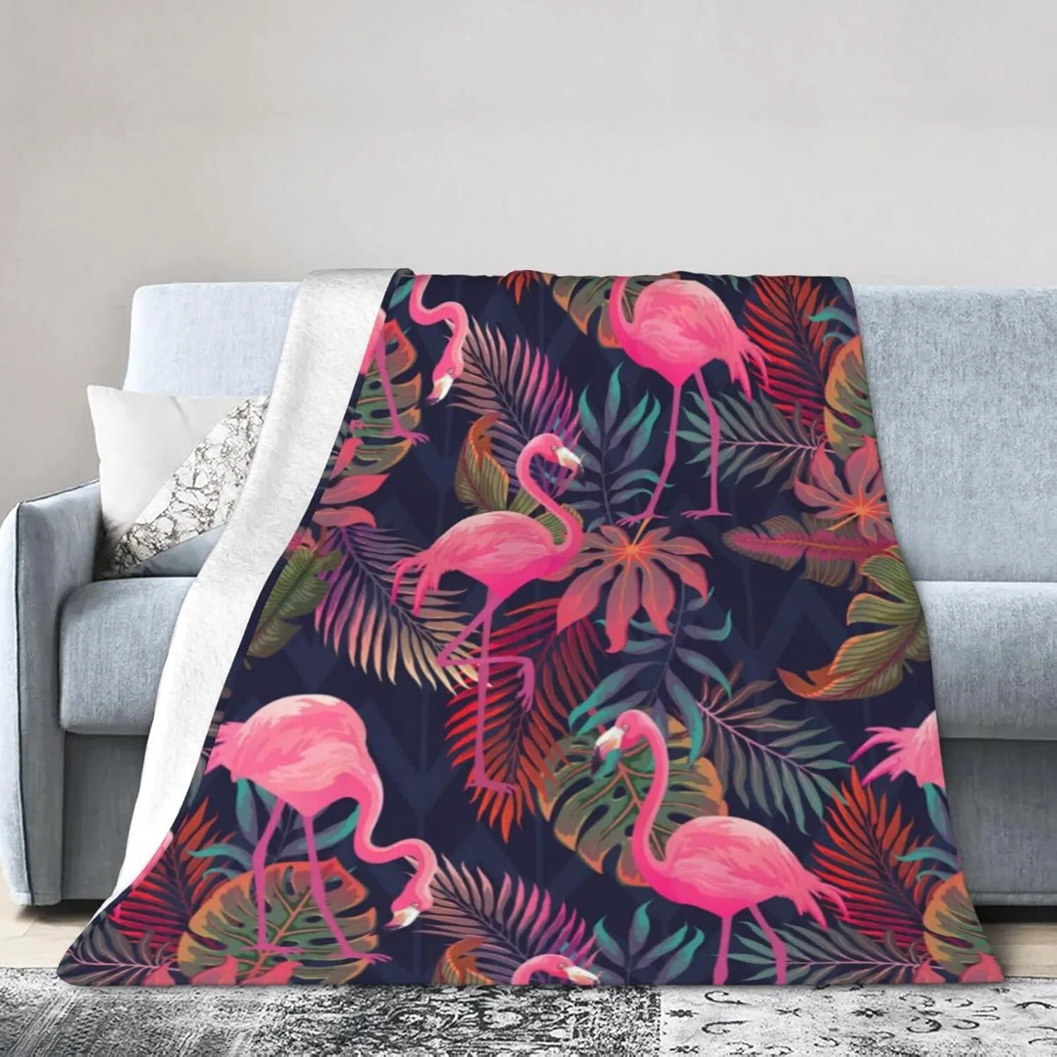 Perinsto Tropical Flamingos Palm Leaves Throw Blanket Ultra Soft Warm All Season Decorative Fleece Blankets for Bed Chair Car Sofa Couch Bedroom 60"X50"