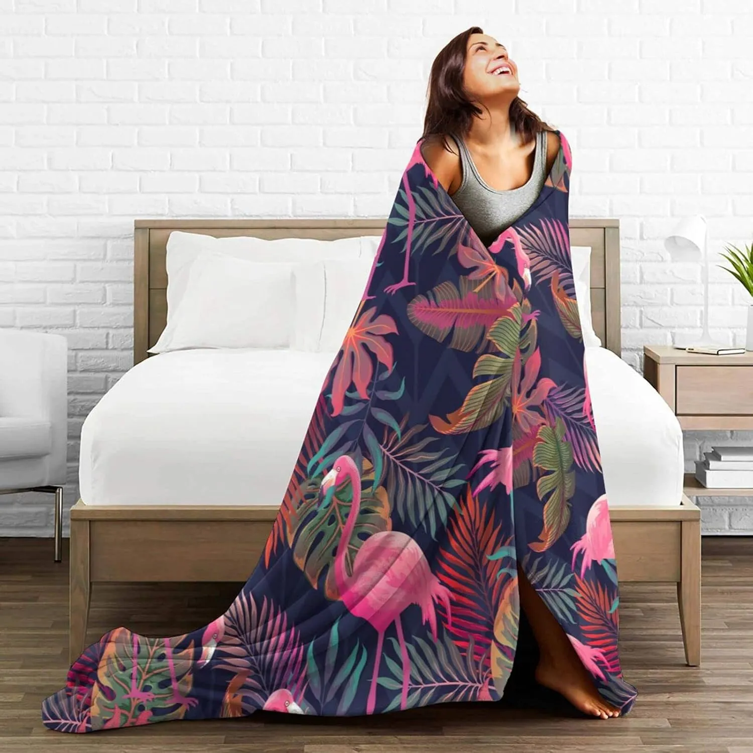 Perinsto Tropical Flamingos Palm Leaves Throw Blanket Ultra Soft Warm All Season Decorative Fleece Blankets for Bed Chair Car Sofa Couch Bedroom 60"X50"