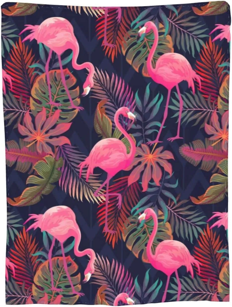 Perinsto Tropical Flamingos Palm Leaves Throw Blanket Ultra Soft Warm All Season Decorative Fleece Blankets for Bed Chair Car Sofa Couch Bedroom 60"X50"