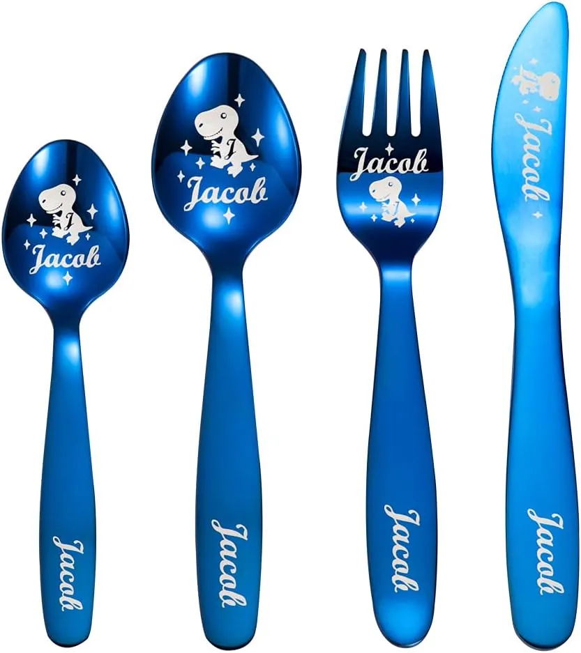Personalized Dinosaur Unicorn Cutlery Set - Custom Name Engraved Spoon Knife Fork Set - Children's Stainless Steel Cutlery Set for Kitchen Kids