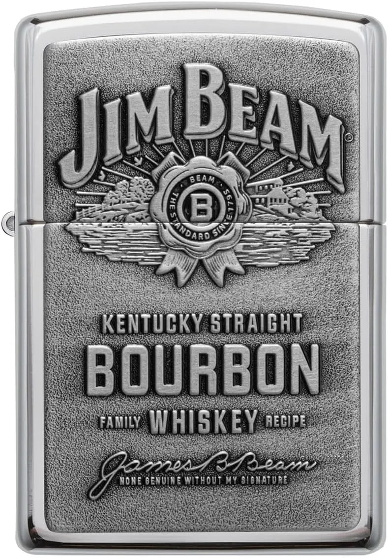 Personalized Jim Beam Pewter Emblem Chrome ZIPPO Lighter - Free Engraving - Christmas, Halloween & Valentines Day Gift