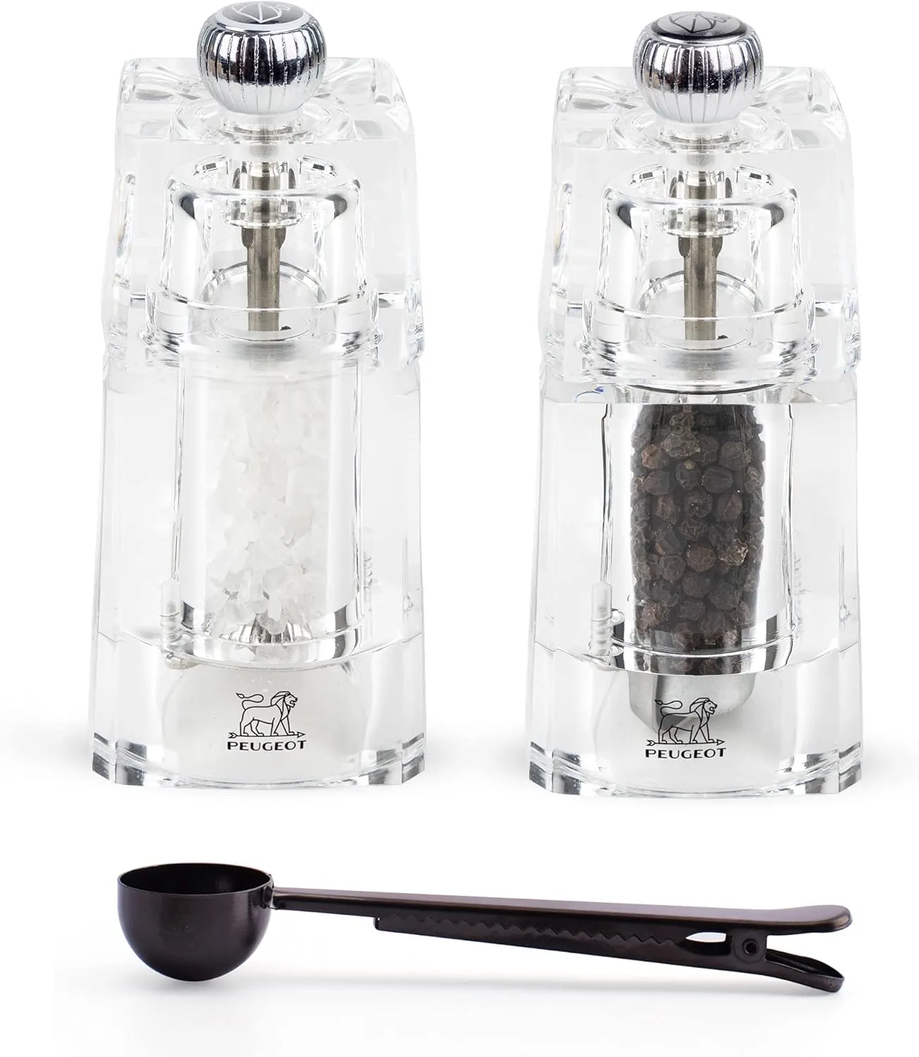 Peugeot Chaumont Acrylic Salt & Pepper Mill, 11cm/4.5 Inch, Clear - With Stainless Steel Spice Scoop/Bag Clip (Salt & Pepper Mill Set)