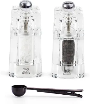 Peugeot Chaumont Acrylic Salt & Pepper Mill, 11cm/4.5 Inch, Clear - With Stainless Steel Spice Scoop/Bag Clip (Salt & Pepper Mill Set)